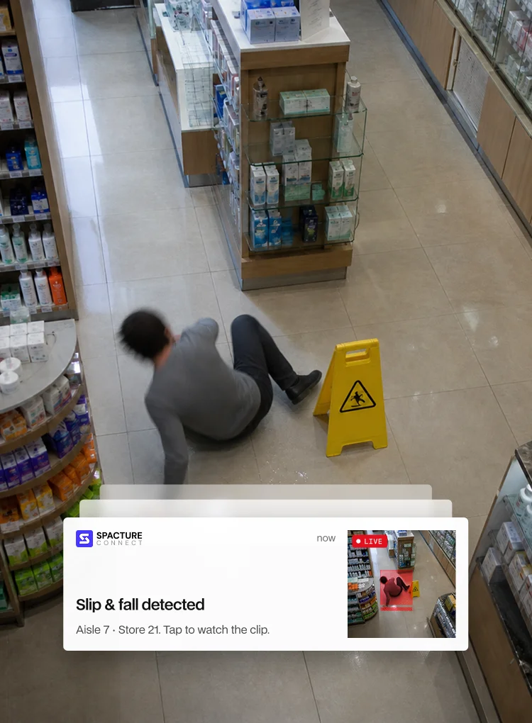 Theft in progress at a store shelf, flagged with an alert and an 8 second clip sent to the team