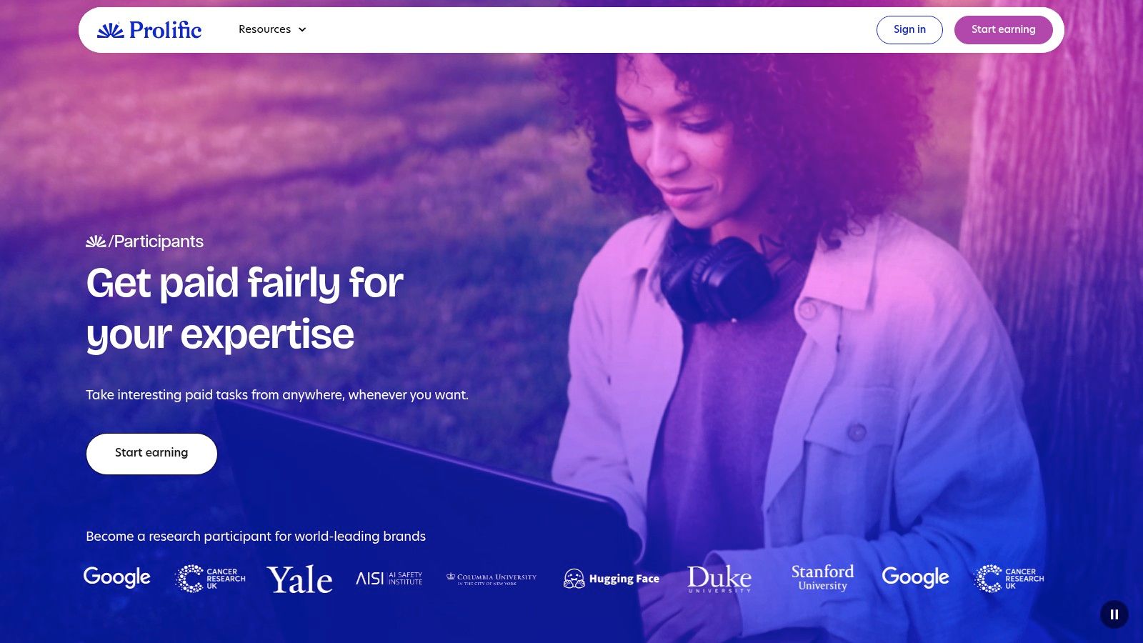 A user's dashboard on Prolific showing available paid studies with their estimated time and reward.