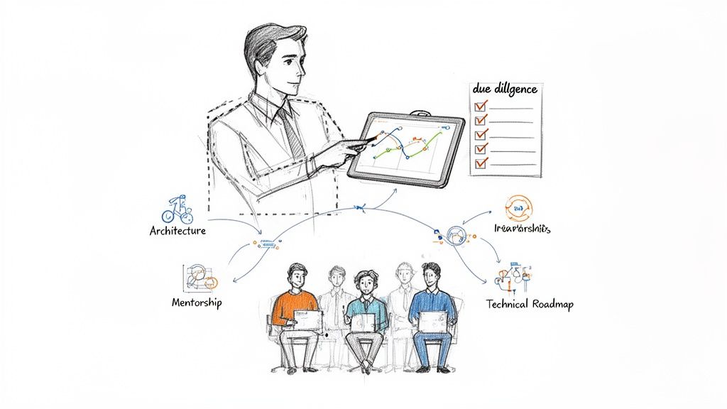 A consultant guides an app development team through strategic concepts like architecture, mentorship, and a technical roadmap.