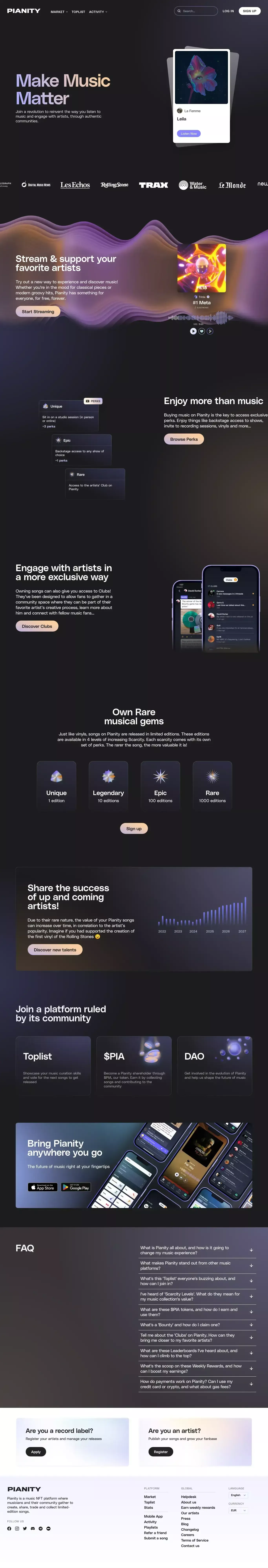 Pianity - Stream & Collect unique Musica landing page screenshot showcasing Tech and Music design