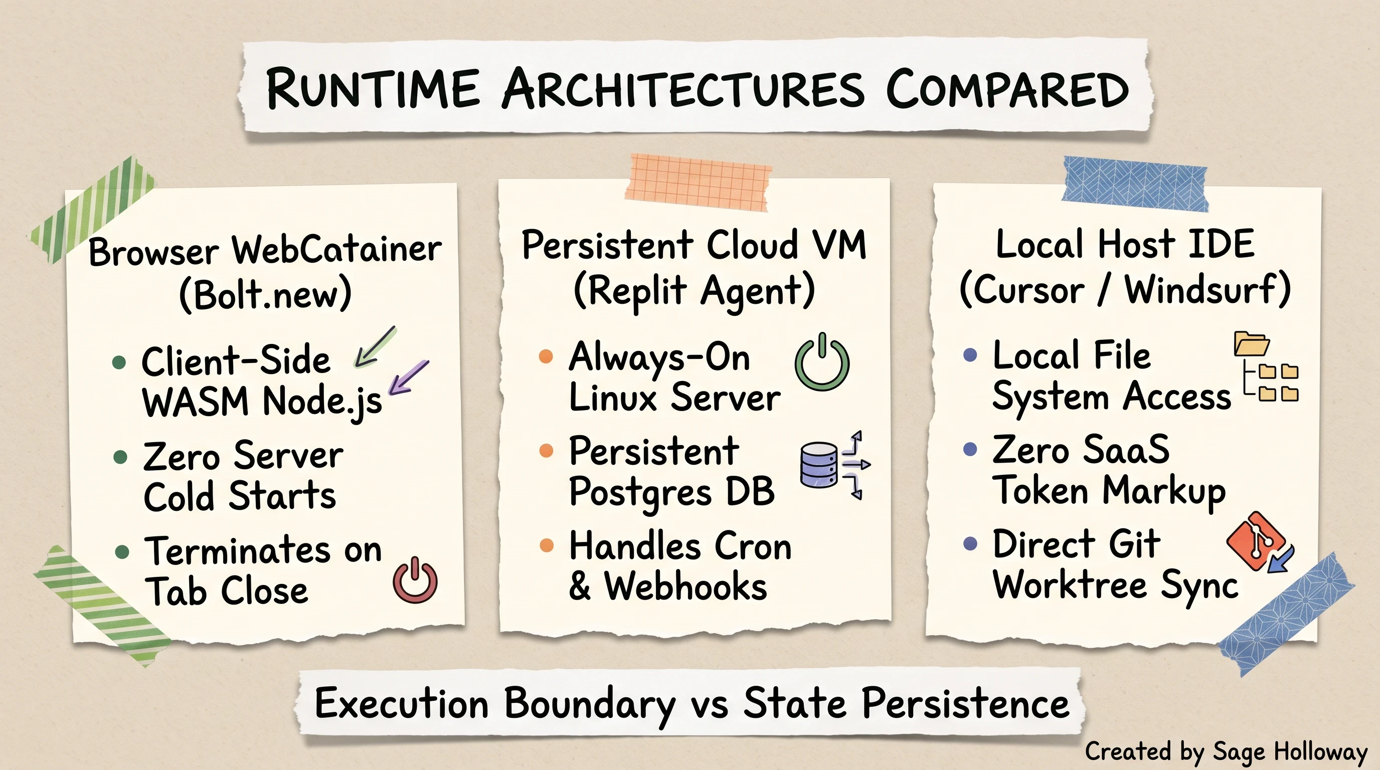 Scrapbook diagram comparing browser WebContainers with persistent cloud VMs and local host IDEs