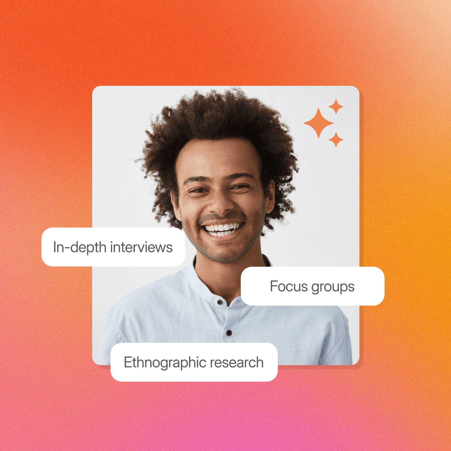 Graphic on an orange-to-pink gradient background featuring a photo of a smiling man in a light blue shirt, overlaid with three white label tags reading "In-depth interviews," "Focus groups," and "Ethnographic research," alongside orange sparkle icons in the top right corner.