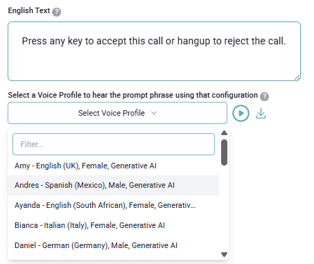 Selecting a voice profile to preview a prompt on QIVIR.