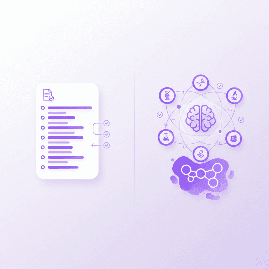 A clean, side-by-side comparison of a standard linear digital note document and an Obsidian knowledge graph mapping out a biology curriculum.