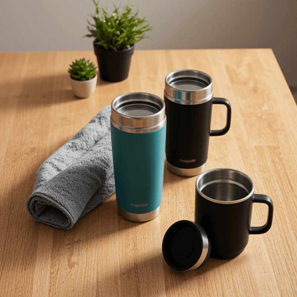 product photography of travel mugs