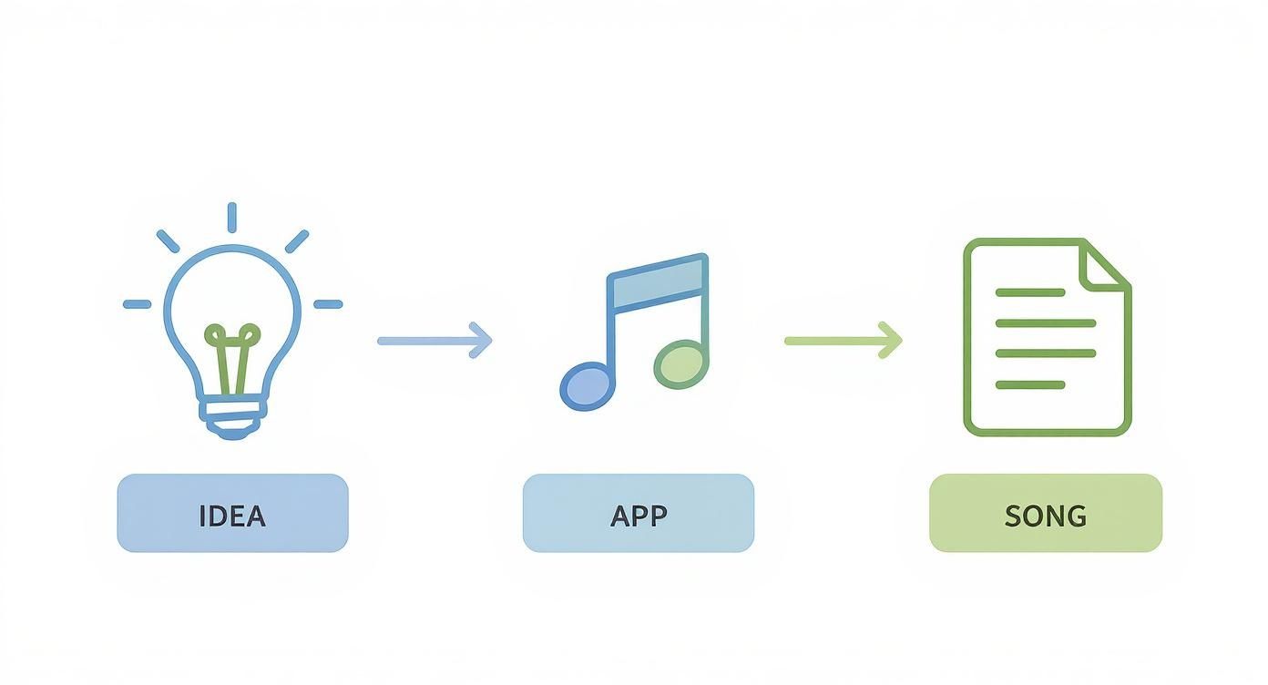 Infographic showing a process flow from an idea lightbulb, to an app with a music note icon, to a finished song document icon.