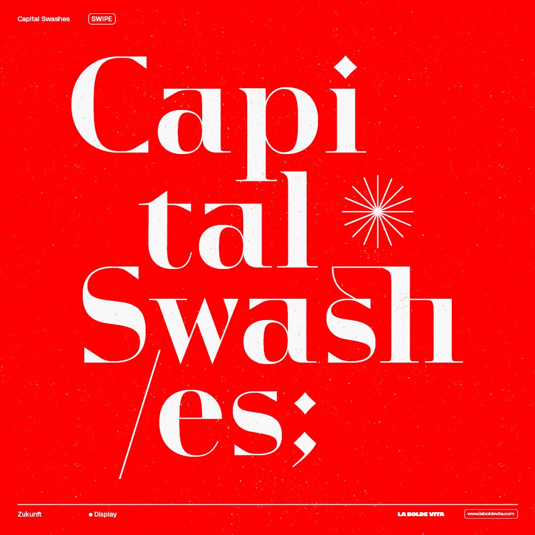 Huge letters from Zukunft Display in white on bright red background with fine lines