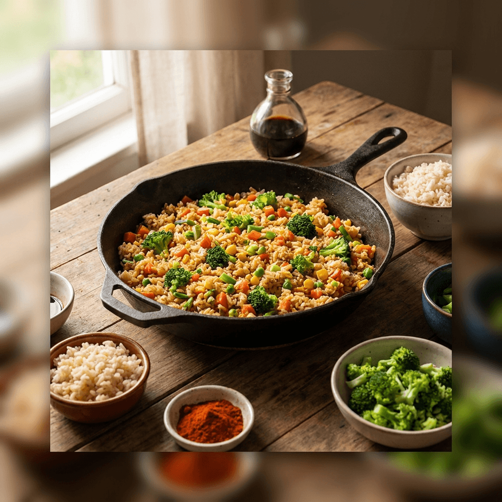 Colorful vegetable fried rice in a pan on a family table, surrounded by small bowls of leftovers