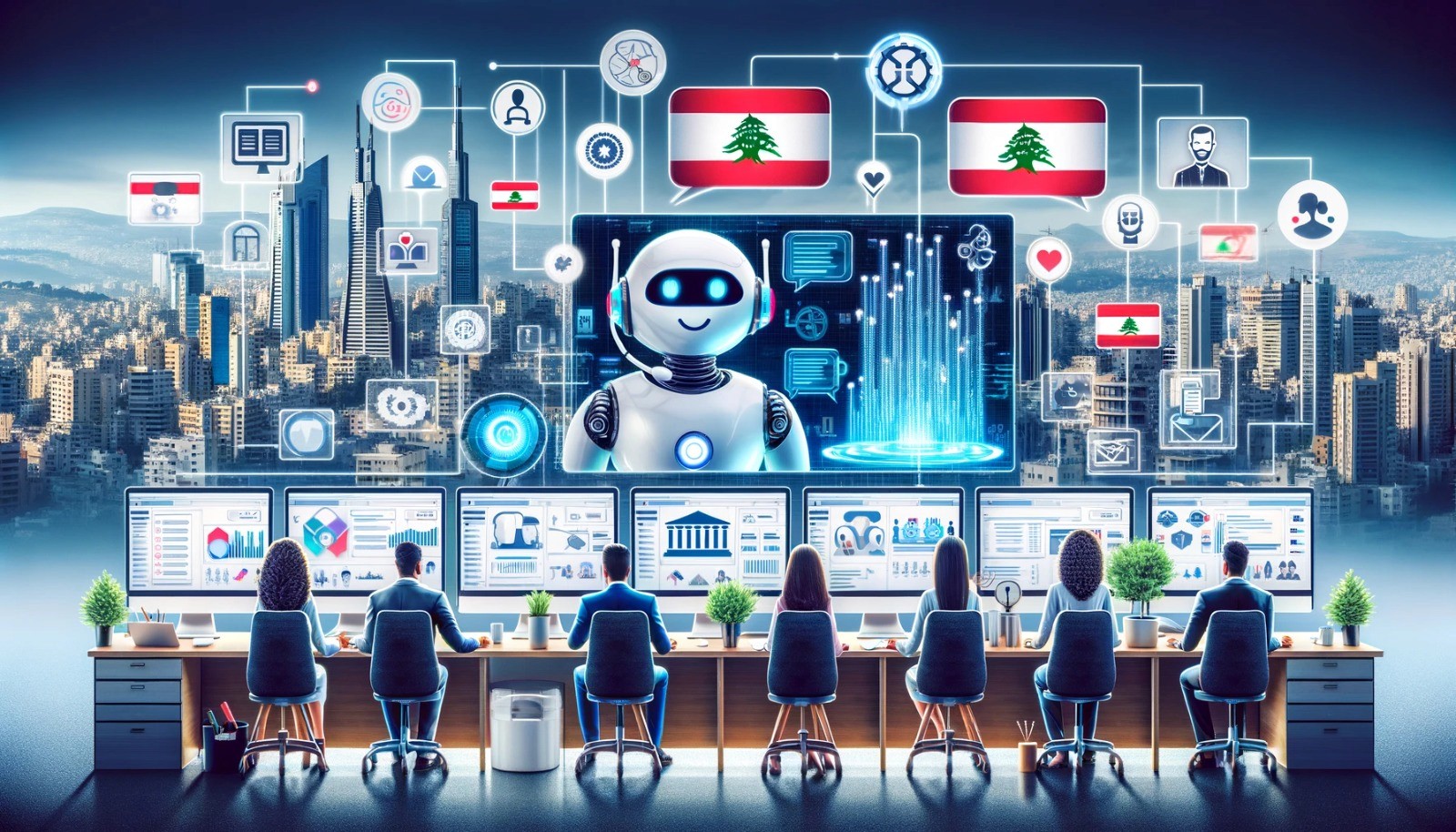 An illustration of a futuristic office with a large screen showing a robot and multiple Lebanese flags. People are working at their desks with a cityscape in the background, symbolizing the integration of AI in urban development and governance.