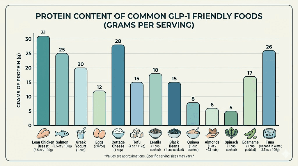 GLP-1 friendly protein sources chart showing grams per serving