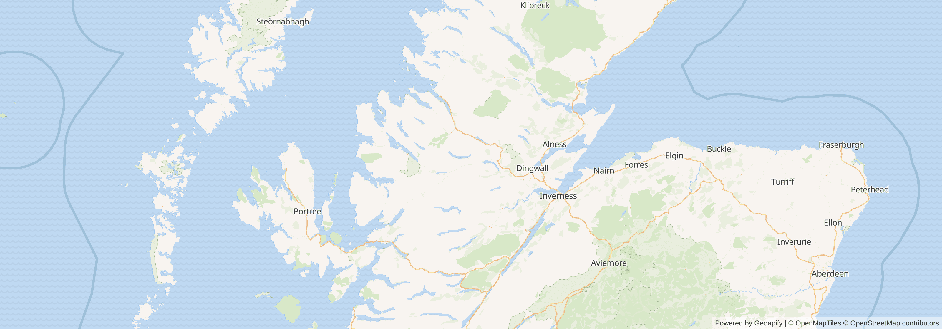 Map of Highland showing main towns, roads and surrounding areas
