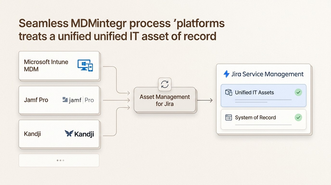 Visualize how integrating MDM platforms with Jira Service Management creates a unified, real-time data flow, streamlining IT operations and improving asset visibility.