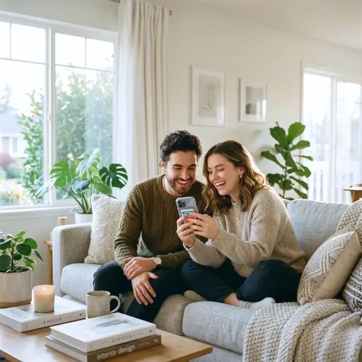 A couple laughs while looking at a phone on a couch, using Whisprice to track price drops and secure an IKEA price adjustment on their recent furniture purchase.