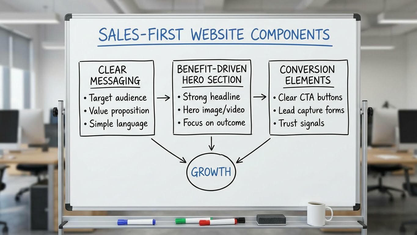The components of a sales-first website showing clear messaging, benefit-driven hero section, and conversion elements