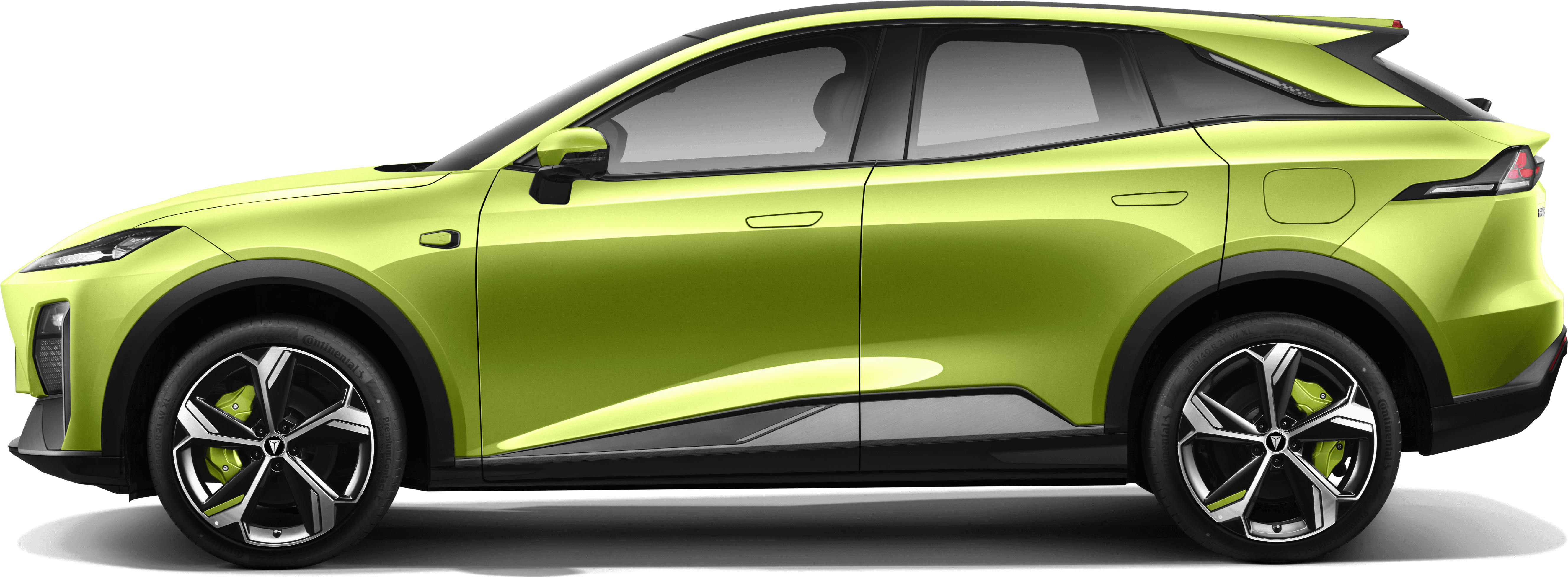 Porsche Taycan in Shade Green Metallic in profile / side view.