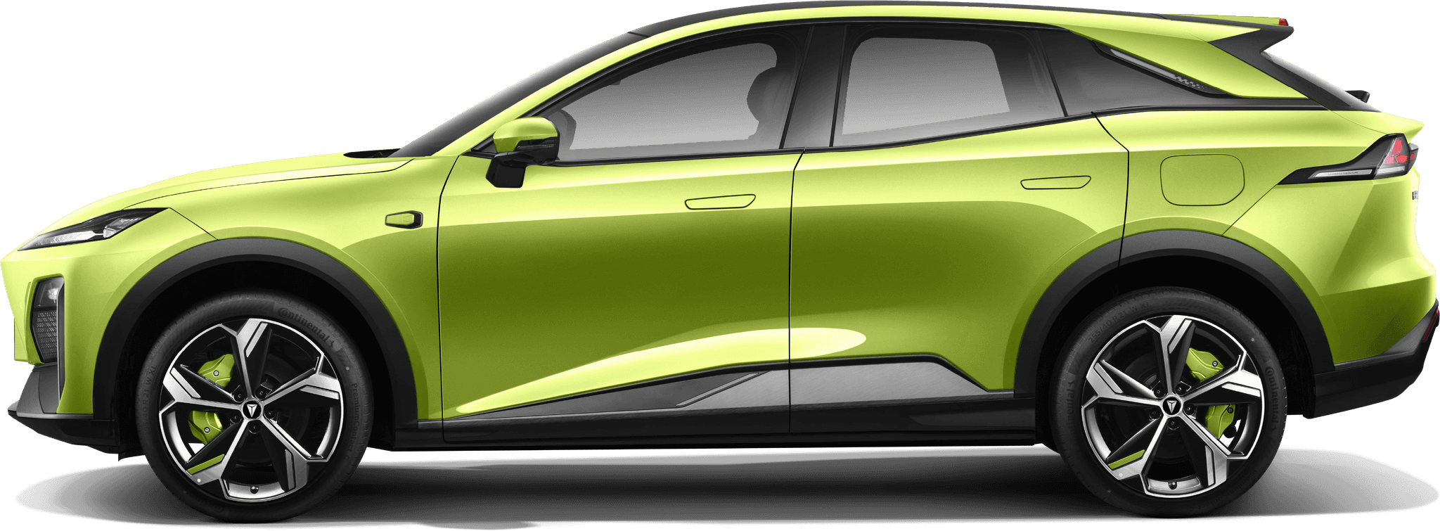 Porsche Taycan in Shade Green Metallic in profile / side view.