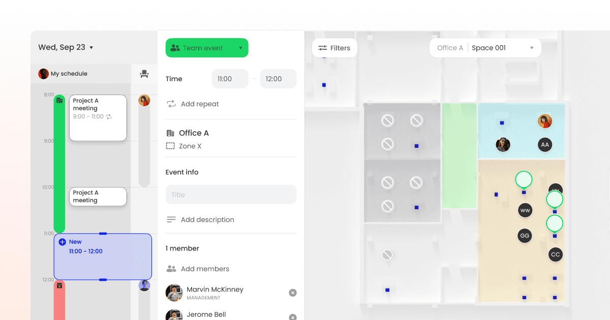 Yoffix app UI - Desk booking in Spaces