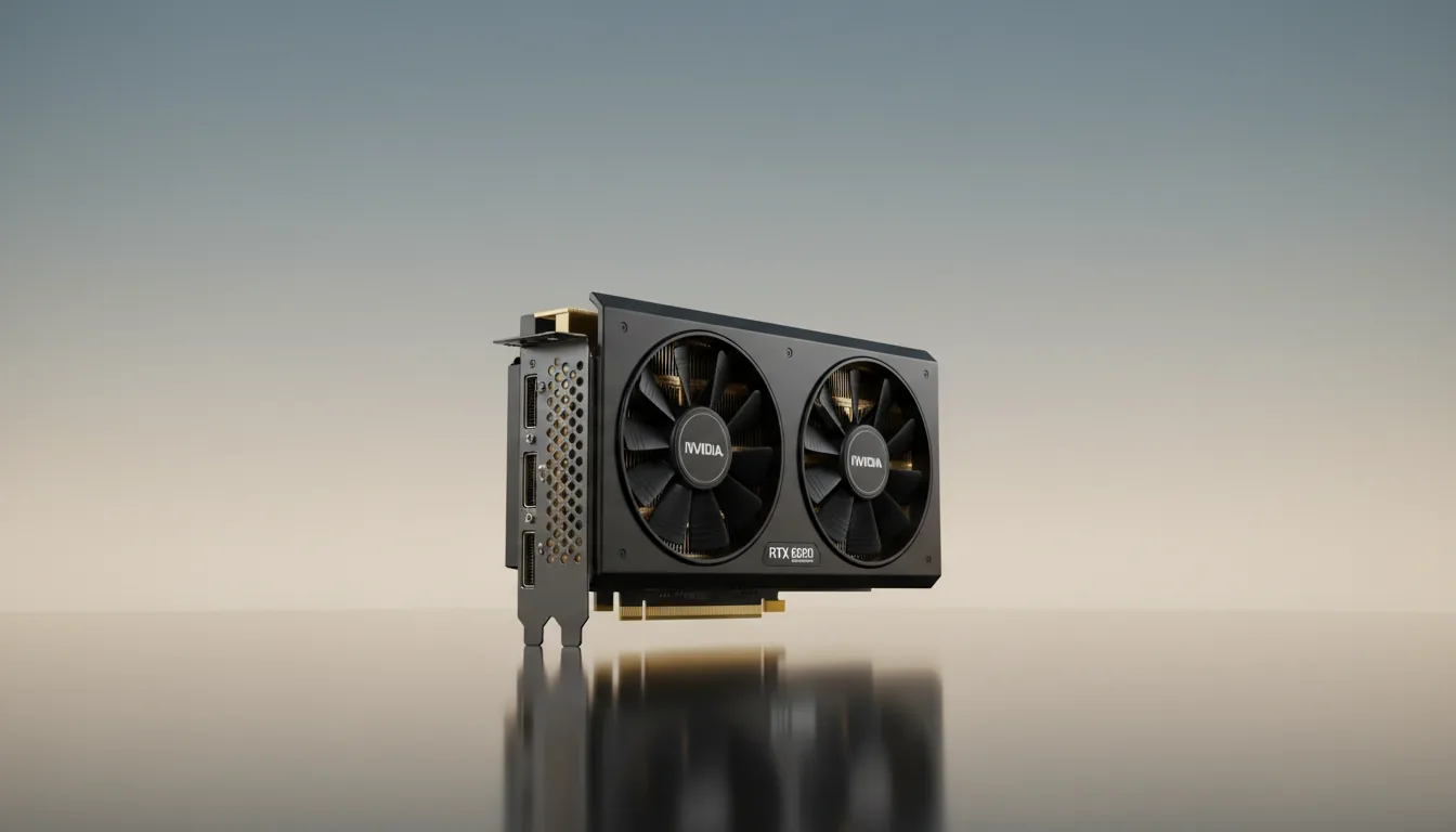 3D render of a professional NVIDIA RTX 6000 Ada Generation workstation GPU, featured as a high-end product shot. The sleek black hardware with gold-tinted heatsink fins is positioned at a three-quarter angle on a glossy, reflective surface, casting a soft mirror reflection. The scene is illuminated by soft studio lighting, creating clean highlights. The background is a clean, out-of-focus gradient, transitioning smoothly from a muted, cool blue at the top to a warm, soft cream color near the reflective floor.