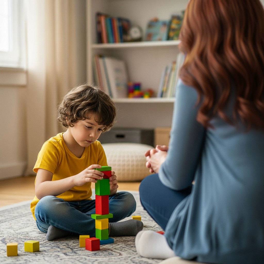 child sitting in a playroom talking with adult