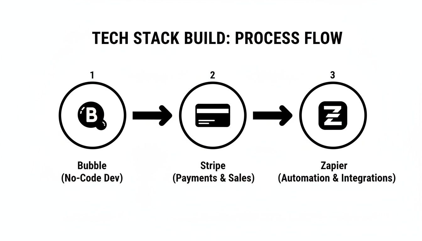 Process flow diagram showing a no-code tech stack build with Bubble, Stripe, and Zapier.