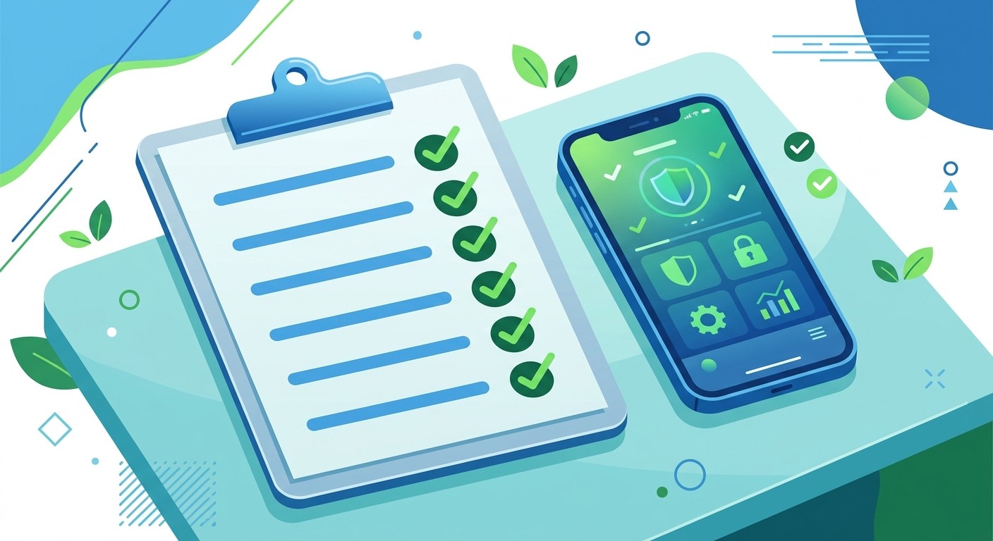 App security checklist on a clipboard next to a smartphone