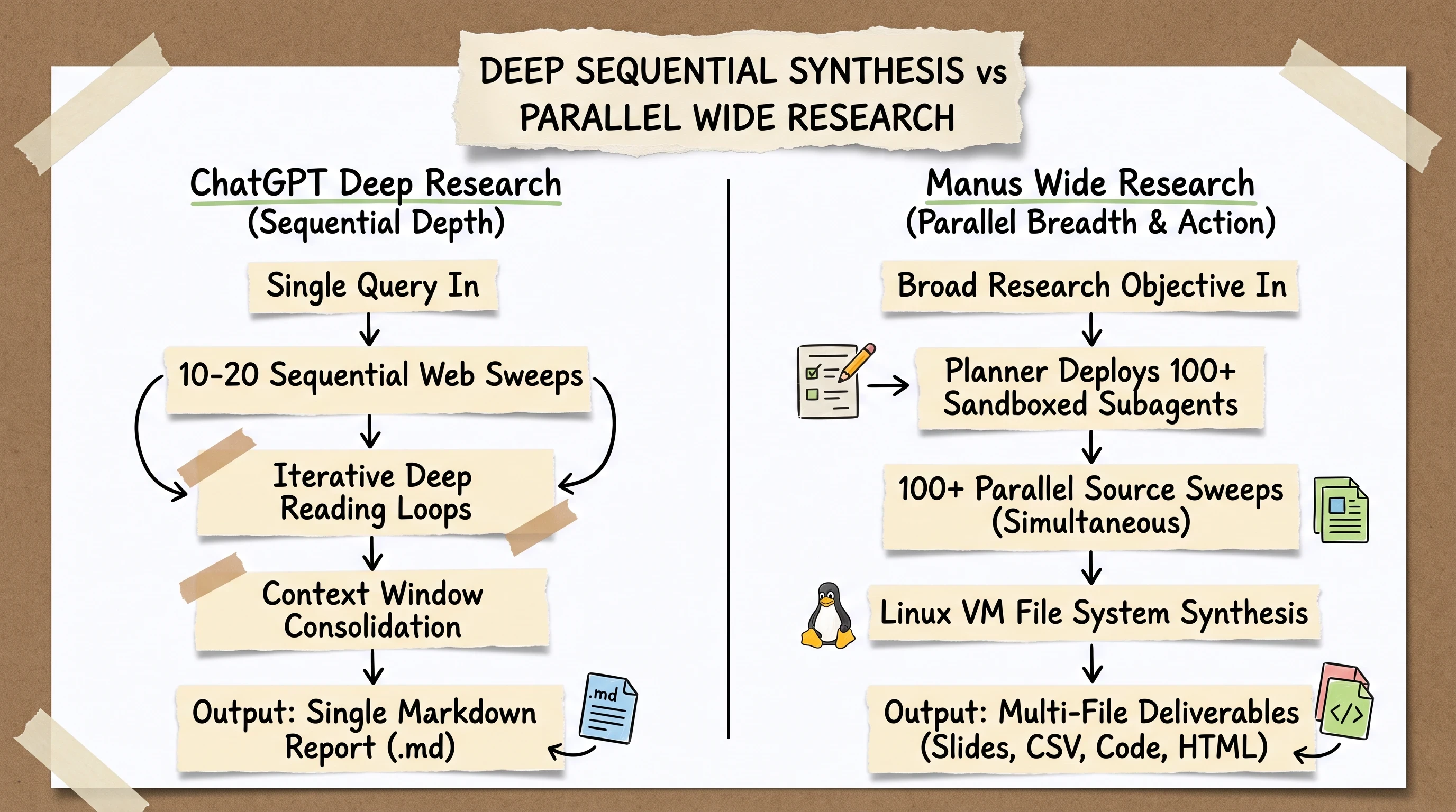 Scrapbook diagram contrasting Manus Wide Research 100 agent fan out with ChatGPT Deep Research sequential synthesis