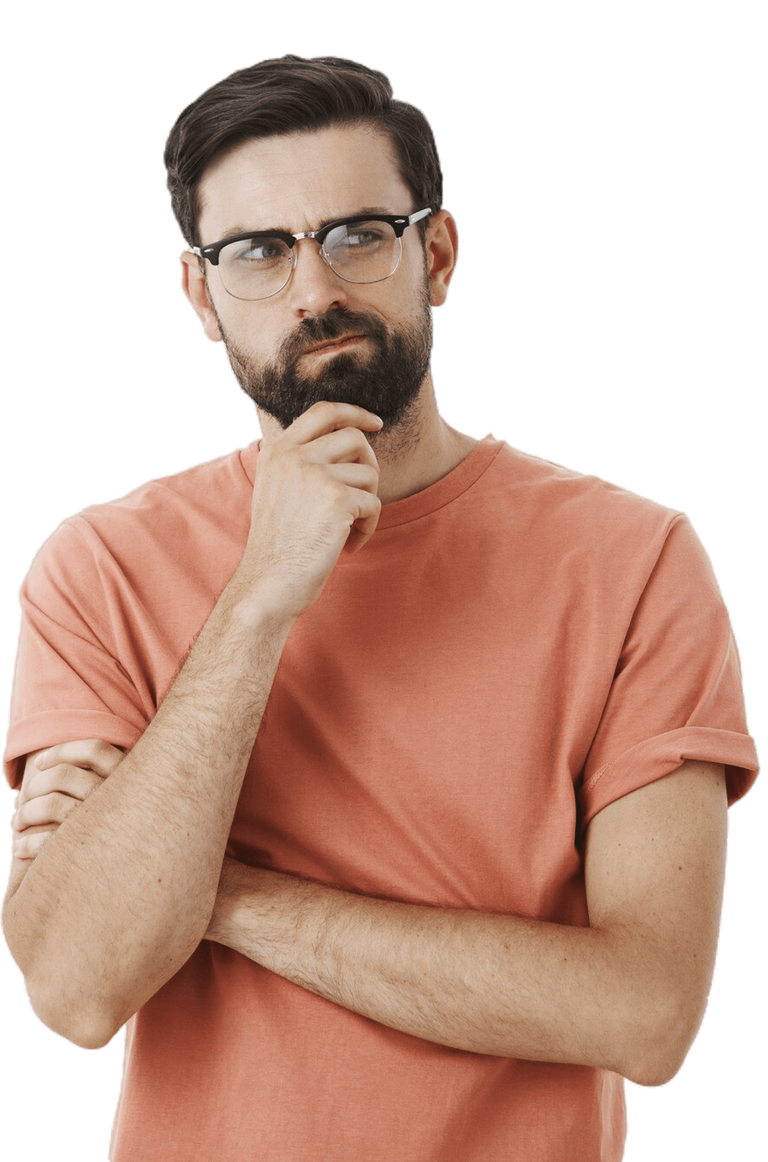 expressive-bearded-man-orange-tshirt 1