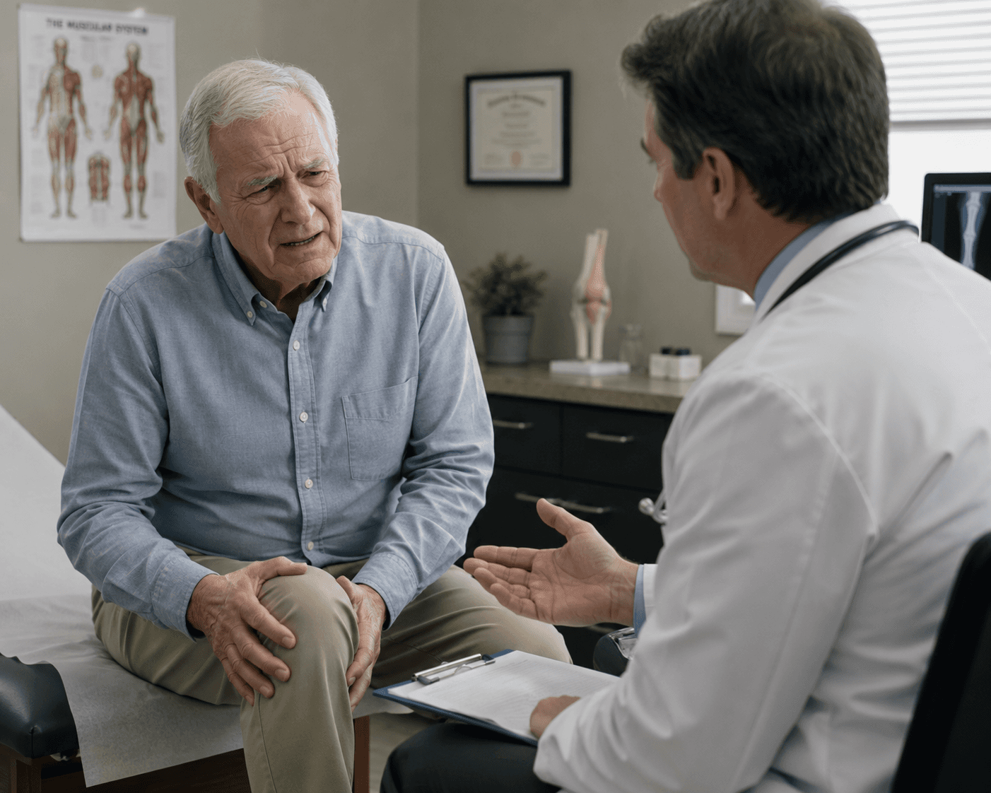 Doctor speaking with an older patient in an orthopedic exam room
