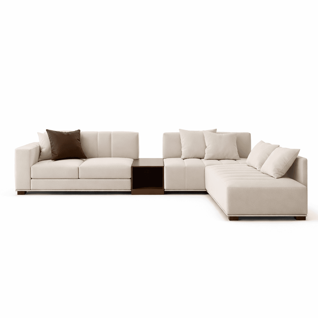 A contemporary seating arrangement styled beside large windows and natural light