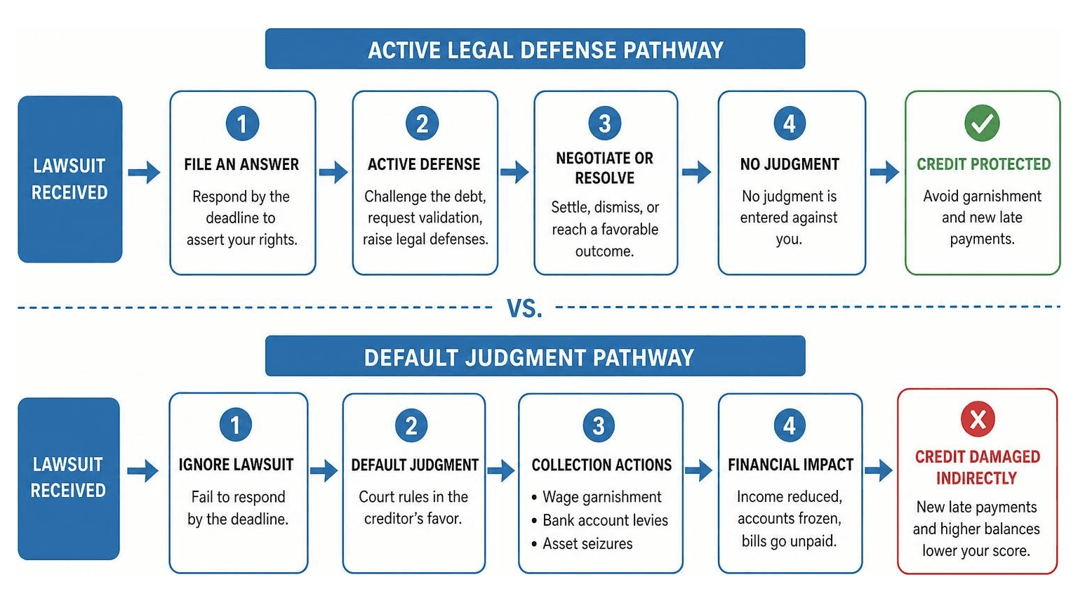 Process of active legal defense vs. default judgment pathway