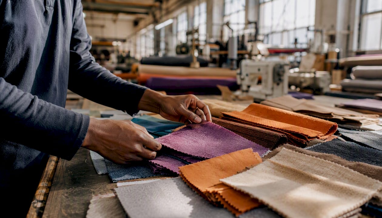 Hands sorting fabric swatches in textile factory