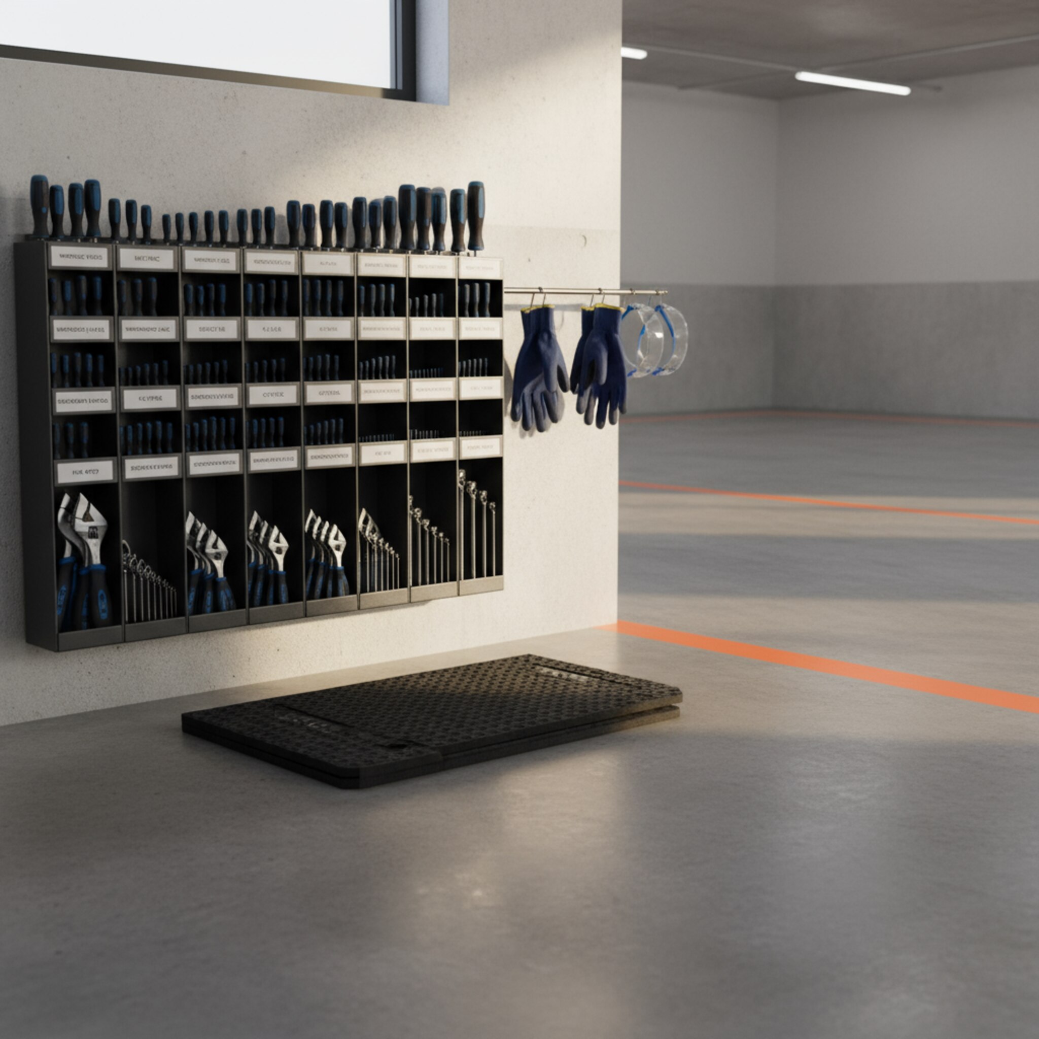 Ein Regal mit ordentlich sortierten Spezialwerkzeugen, jedes Fach beschriftet, daneben hängen Handschuhe und Schutzbrillen. Eine faltbare Arbeitsmatte liegt bereit, die Fläche ist frisch gewischt. Warmes Licht zeichnet klare Schatten auf glatten Beton. Im Hintergrund markiert eine orange Linie den Rand einer freien Schrauberbox, die startklar wirkt.
