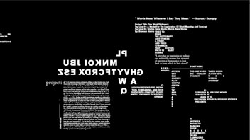 The image is a black and white composition featuring white text on a black background. The text includes phrases such as “Mirko Ikko Ikko!”, “ES2”, “CHAYTEKRDX ES2”, “A W O”, “projects”, and “Kampo Stony”. Some of the text is in a larger font size, while others are in a smaller font. There are also some smaller, less legible lines of text scattered throughout the image. The overall layout is abstract and does not form any recognizable words or phrases.