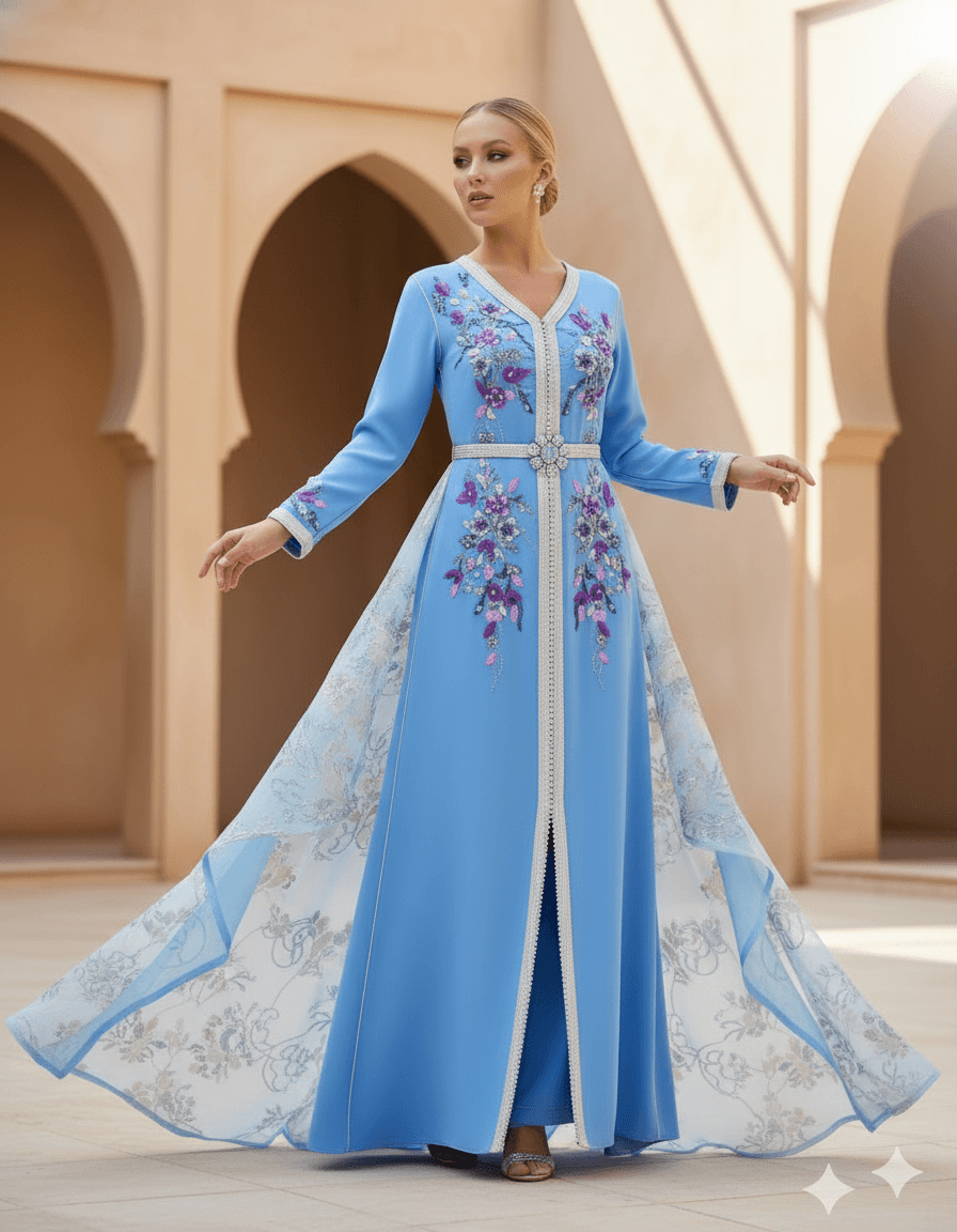 Light blue Moroccan caftan with floral embroidery, luxury handmade caftan designed in Bahrain