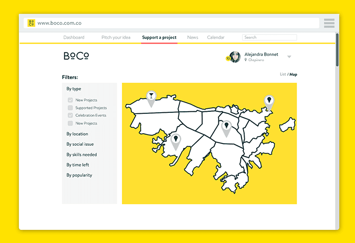 A screenshot of a Boco website displays a map of the world in yellow, overlaid with black outlines of countries. The website’s navigation bar includes options like “Dashboard,” “Pitch your idea,” “Support a project,” “News,” “Calendar,” and “Search.” A profile section shows the name “Alejandra Bonnet” and location “Chapinero,” along with a “List / Map” option. The left sidebar lists “By type” (New Projects, Supported Projects, Celebration Events, New Projects), “By location” (Social issue, Skills needed, Time left, By popularity), and “Filters” (By type, By social issue, By skills needed, By time left, By popularity).