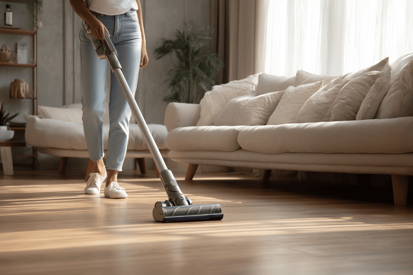 Person staubsaugt ein helles Wohnzimmer – SilentAngels® Haushaltshilfe für Sauberkeit und Ordnung im Alltag.