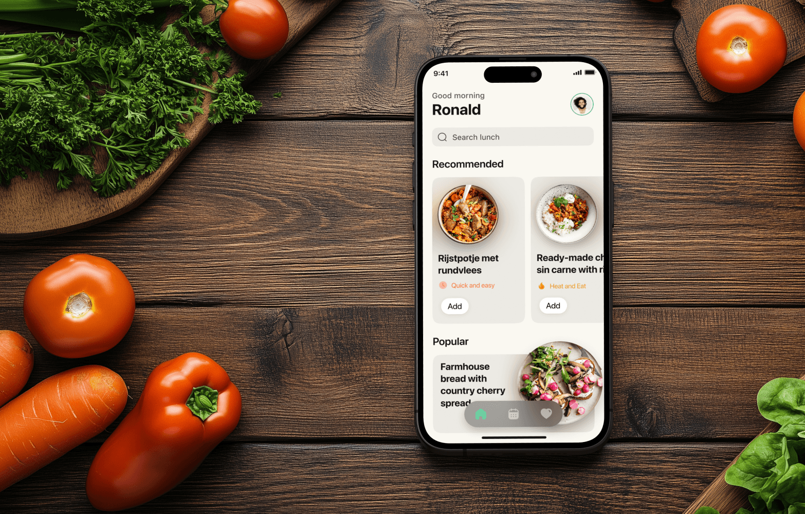 A smartphone on a wooden surface displays a food delivery app with meal recommendations. Fresh vegetables surround the phone.