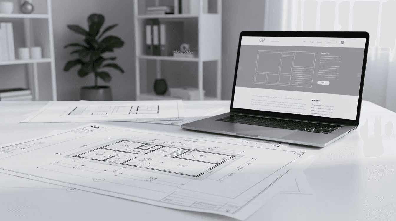 The image depicts a clean, modern workspace featuring architectural blueprints laid out on a table next to a laptop displaying a website wireframe, illustrating the creative process of a leading web design agency. This setting emphasizes the integration of design and development services in crafting high-performance websites for ambitious brands.