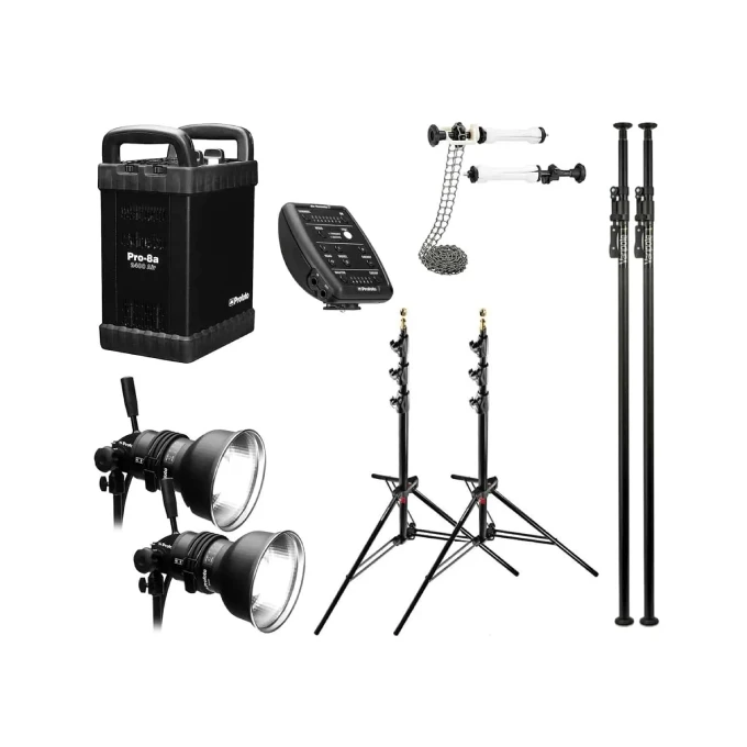 Image containing all the equipment present in the Profoto 8A 2400J Photo Pack: a Profoto Pro 8A 2400j generator, two Profoto Prohead flash heads, a Profoto Air sync, two Manfrotto autopoles (background support), a pair of Manfrotto mid-axes (background roll), two Manfrotto light stands.