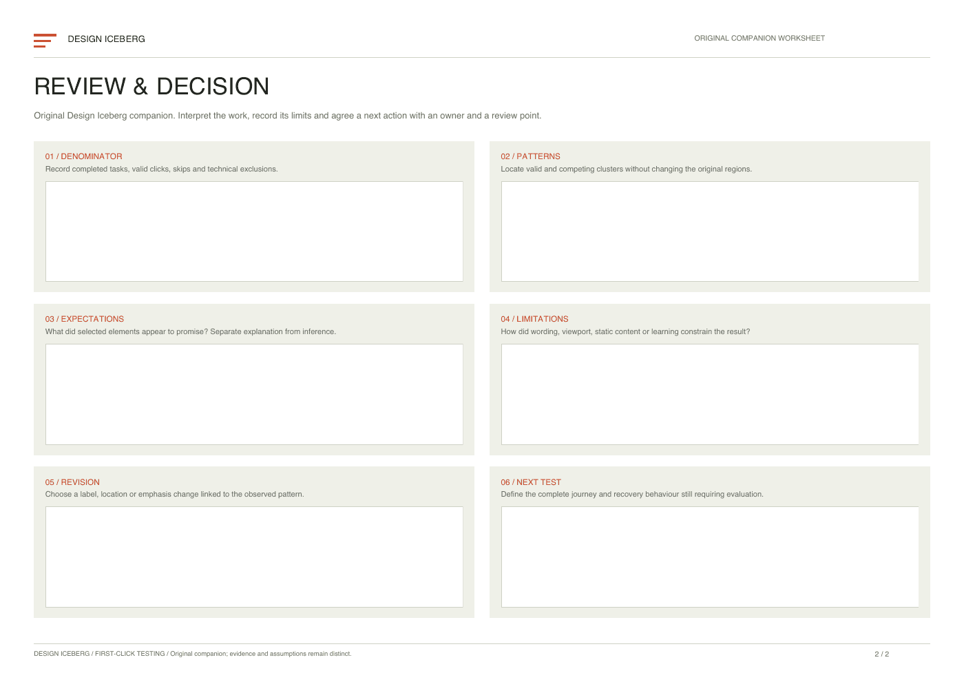 First-Click Testing original editable companion worksheet, review and decision page