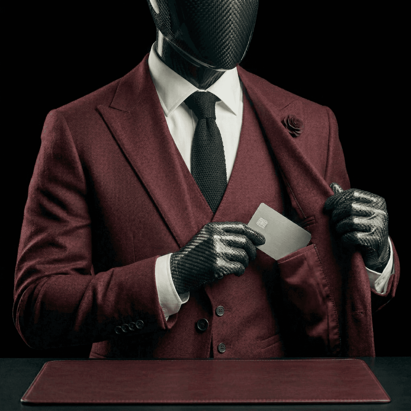 Mannequin in burgundy suit putting credit card into Lincoln Shield™ pocket