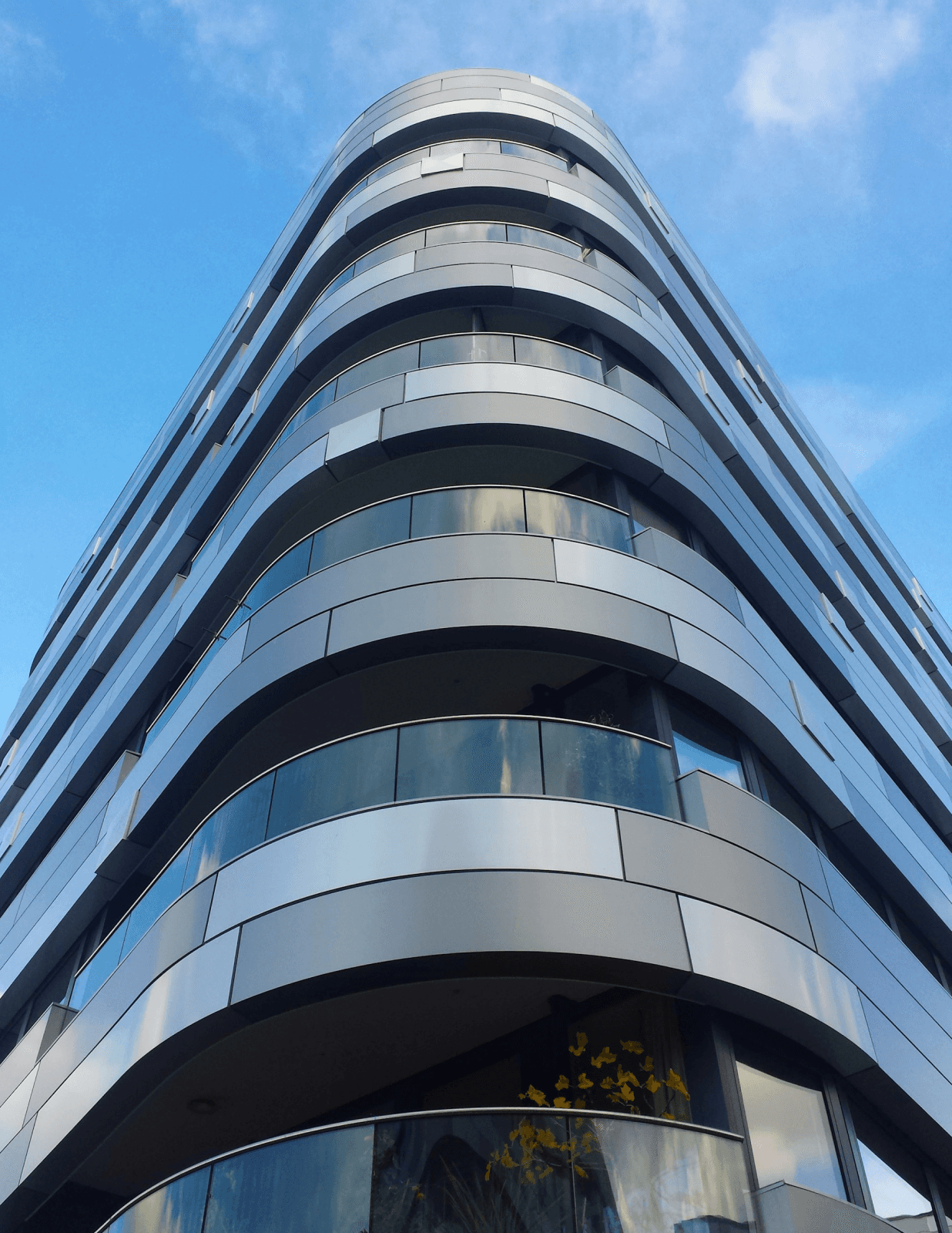 Free Framer Template - A modern building with a sleek, curved glass facade against a blue sky.