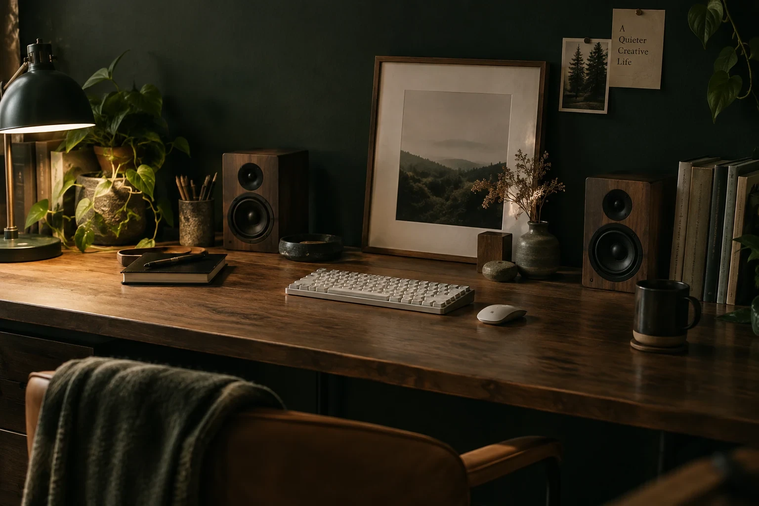 Tidy original desk composition with two small plain speakers, compact keyboard and notebook, warm wood and dark green wall