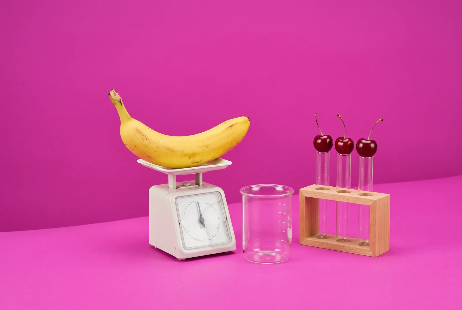 A banana on a lab scale beside a beaker and cherries in test tubes, asking whether porn accountability apps work