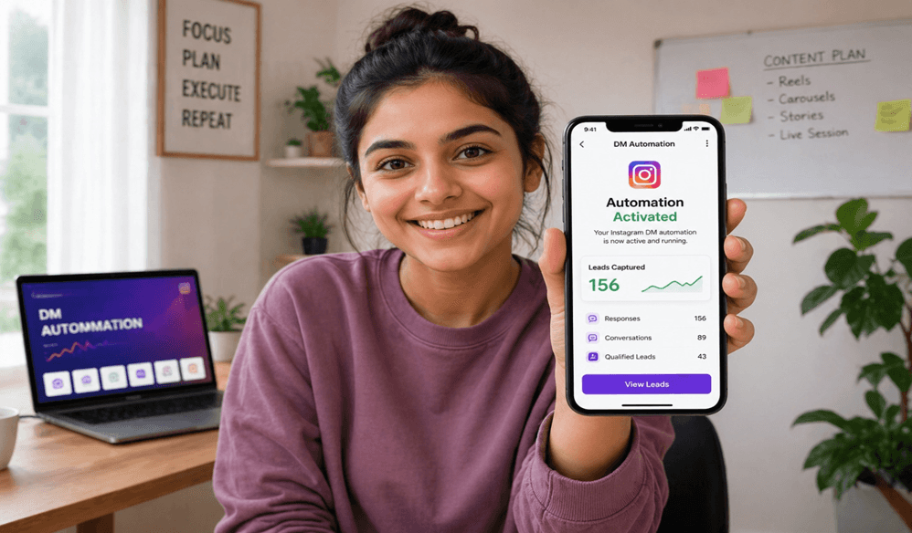 Female content creator holding phone showing Instagram DM automation activated screen with 156 leads captured
