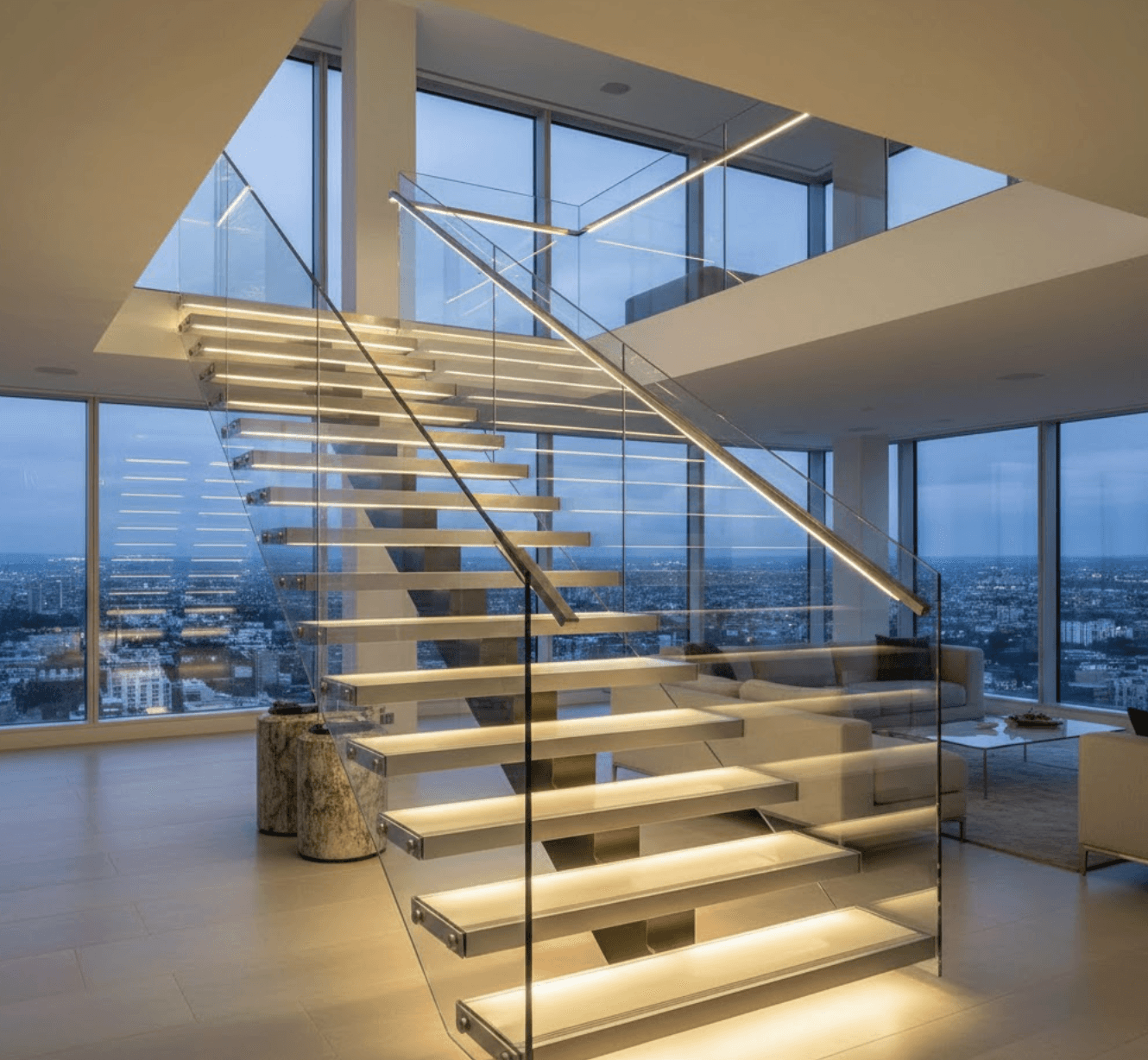 Modern glass staircase at dusk with integrated LED lighting. Warm white LED strips recessed under each glass tread creating floating glow effect.