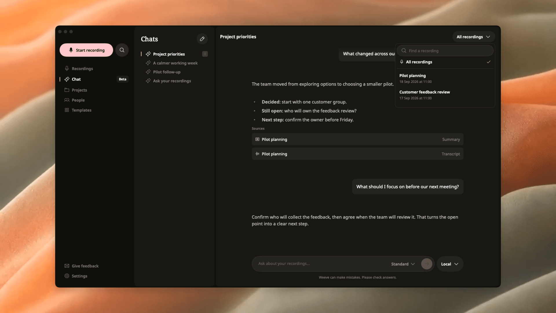 Weeve Chat with its recording selector open, showing the choice between all recordings and individual demonstration recordings.