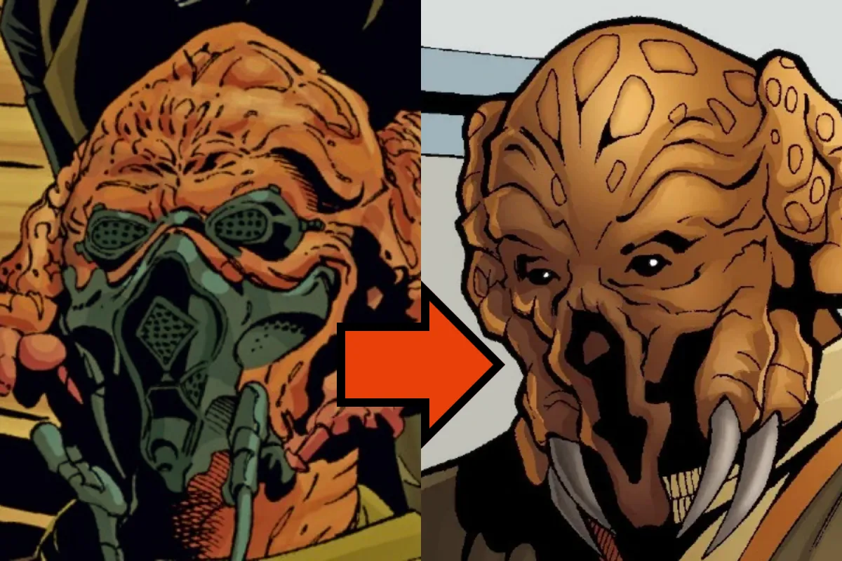 A side-by-side comic illustration comparison of Jedi Master Plo Koon with and without his signature mask. On the left, he wears his breathing apparatus and goggles, while on the right, his unmasked face reveals his Kel Dor features, including dark eyes, leathery skin, and tusk-like protrusions. An orange arrow between the images emphasizes the transformation.