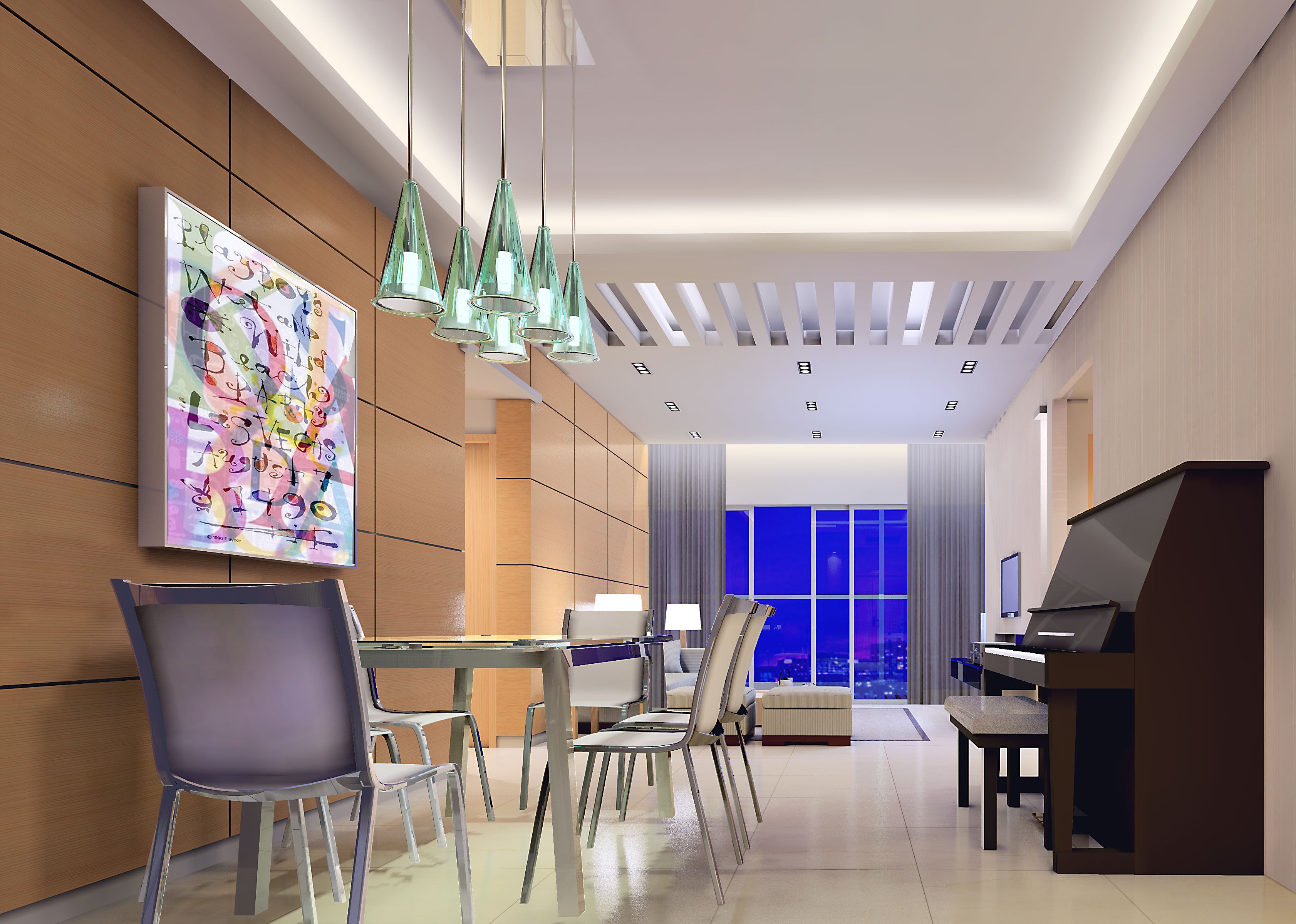 Elegant residential design at Mount Pavilia 20 showcasing cream upholstery, fluted wall details, and a sculptural marble bar under contemporary copper pendant lighting.