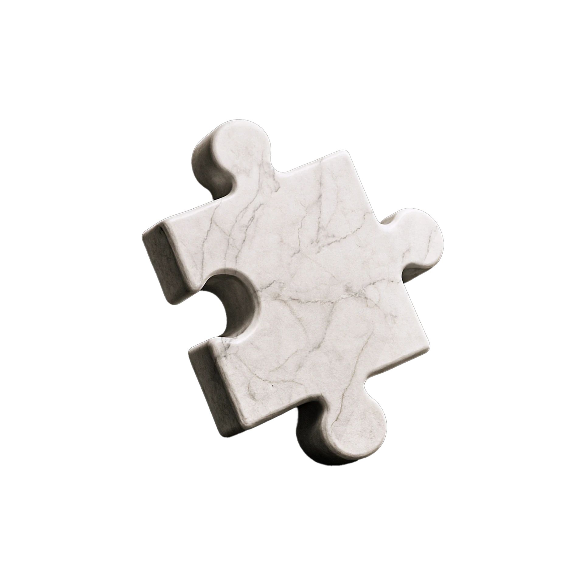Pezzo di puzzle in marmo bianco, simbolo dell’unione tra strategia, struttura e consulenza ingegneristica per le PMI.